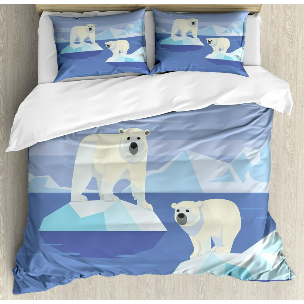 Polar Bear Duvet Cover Set Queen Size, Arctic Circle Animals Floating