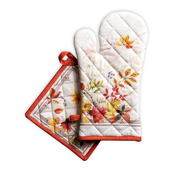 Maison d' Hermine Amarante 100% Cotton Set of Oven Mitt (7.5 Inch by 13 Inch) and Pot Holder (8 Inch by 8 Inch) for BBQ Cooking Baking Grilling Microwave Barbecue Thanksgiving/Christmas