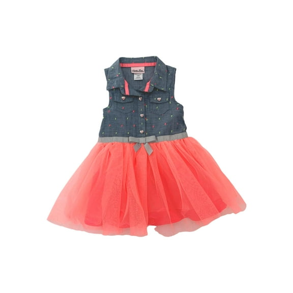Infant Girls Coral & Green Dot Chambray & Bright Coral Tulle Sparkly Dress 18M