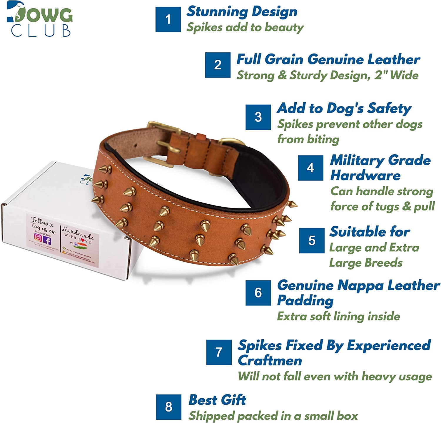DowgClub | Genuine Leather Heavy Duty Spiked Dog Collar | Full Grain, Cushion Sheep napa padding Inside, Comfortable, Strong | Best for Medium, Large, X-Large Breeds | Cherry, Black, Pink, Tan |