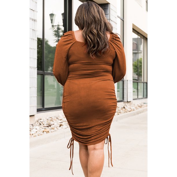 ABPHQTO Vestido ajustado con cordón fruncido de talla grande naranja para mujer