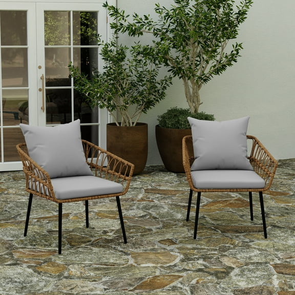 Merrick Lane Set of Two Indoor/Outdoor Boho Style Natural Open Weave Rattan Rope Patio Chairs with Gray Cushions