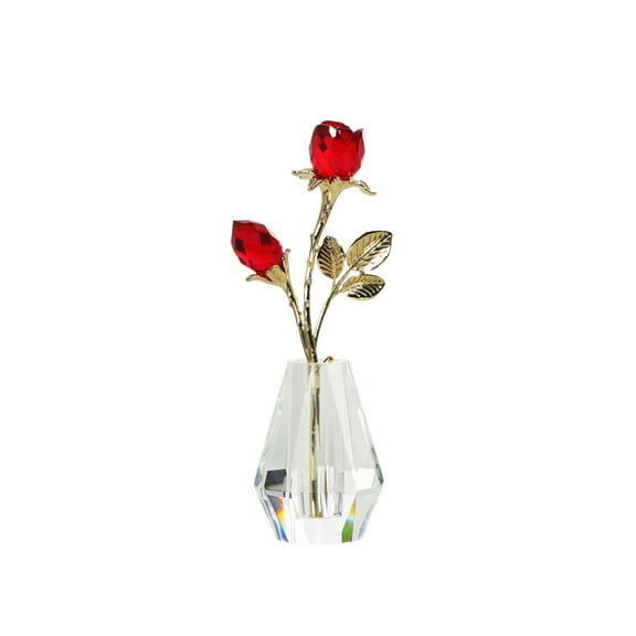 Crystal Red Rose Figurine Collectible Glass Double Roses Flowers Bouquets Ornament Gold Stem with Crystal vase Decor for Home Wedding Party