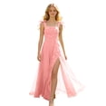 thumbnail image 3 of Flowy Chiffon Junior Bridesmaid Gown, Bow Tie Strap Ruched Square Neck High Slit Long Dress for Teen Wedding Ceremony Pink 150, 3 of 6