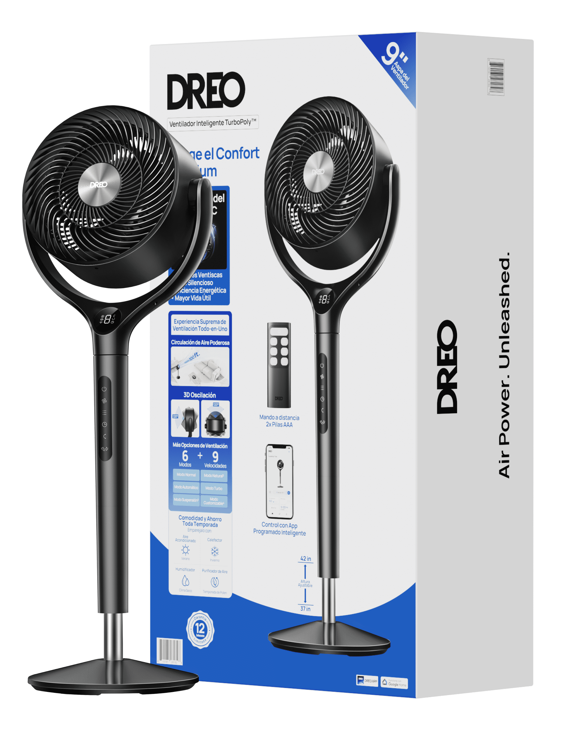 DREO Smart 9-Inch 3D Oscillating Pedestal Fan with Wi-Fi, Alexa/Google Compatible, Adjustable Height, Remote, Grey