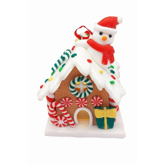 Christmas Ornament - Gingerbread Snow House with Snowman. Wizardi Festive Decoration F07-N2-18-EE403C