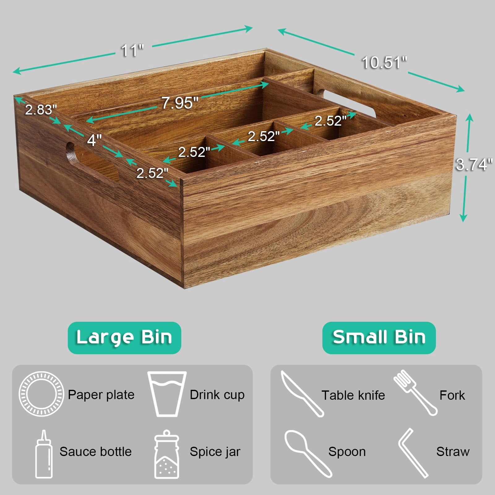Emlimny Acacia Wood Utensil Holder,Paper Plate Organizer for Countertop,Rustic Utensil Caddy with 6 Compartments for Plate, Cup, Fork, Spoon - Cutlery Holder for Kitchen Camping Buffet