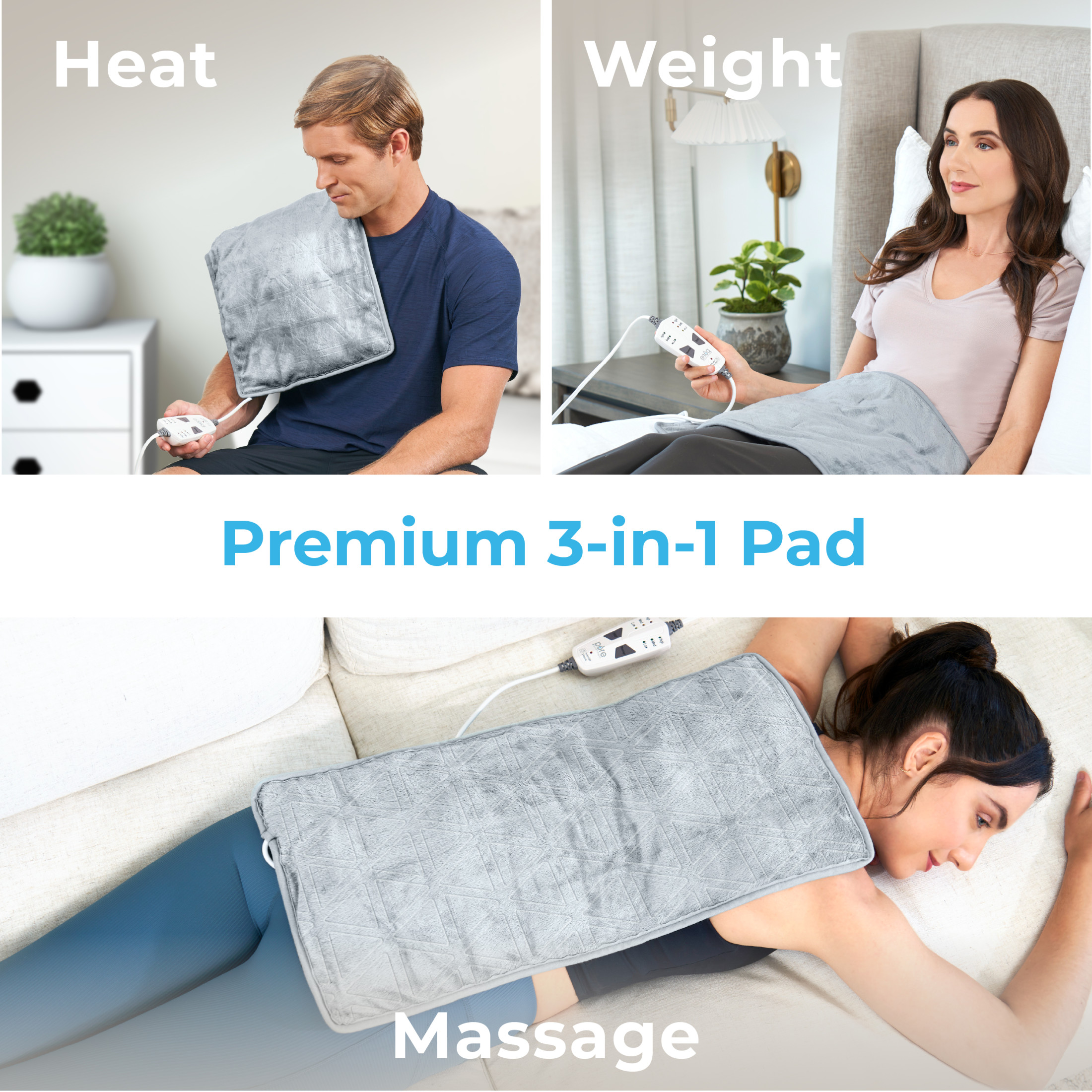 Pure Enrichment WeightedWarmth 3-in-1 Heating Pad - 3 InstaHeat Settings, 3 Massage Speeds & 4.1 lbs of Weighted Pressure for Shoulder, Neck, & Back Pain - 12” x 24” (Steel Gray)