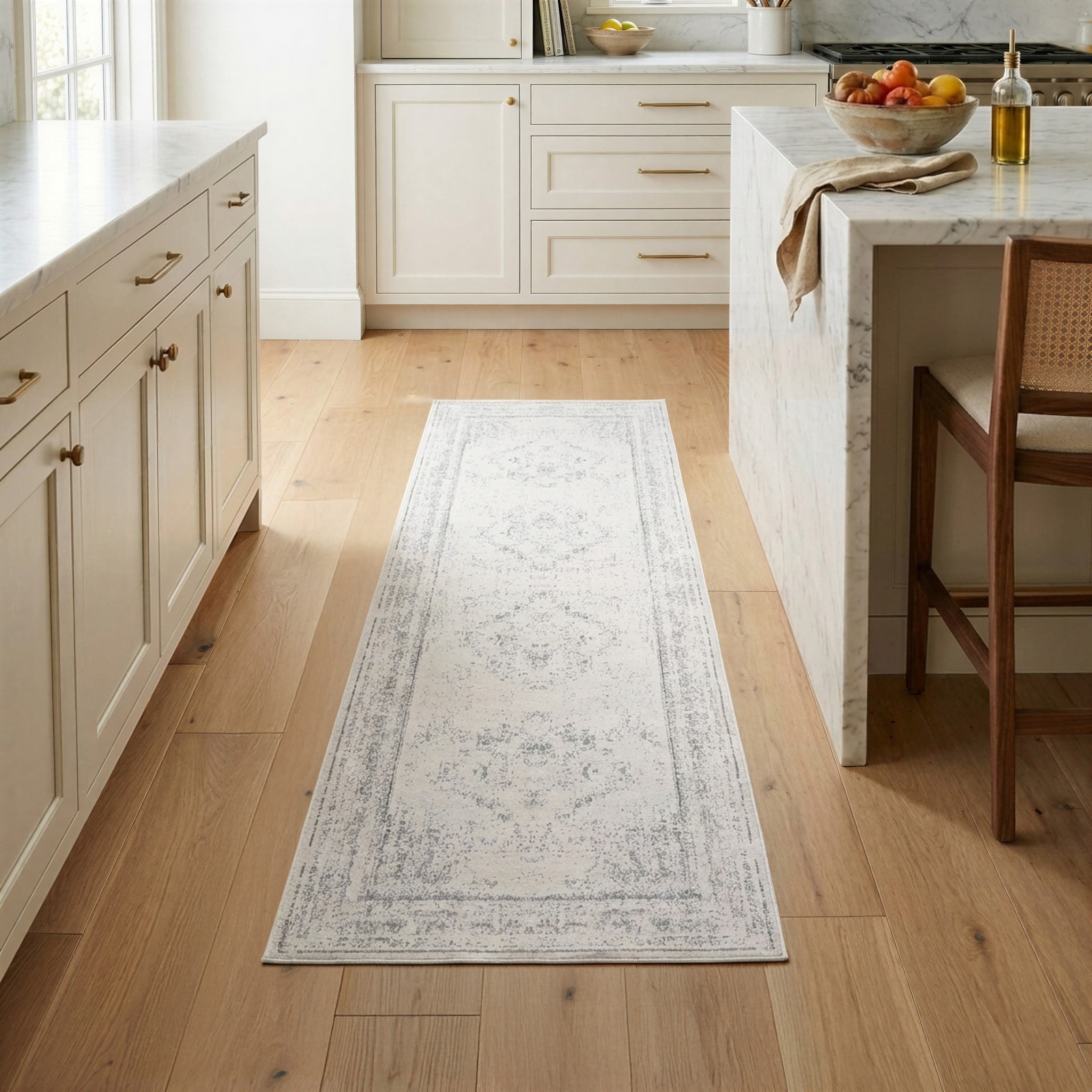 LR Home Brooke 2' x 5' Gray/Off White Double Medallion Waterproof Non-Slip Machine Washable Indoor Area Rug