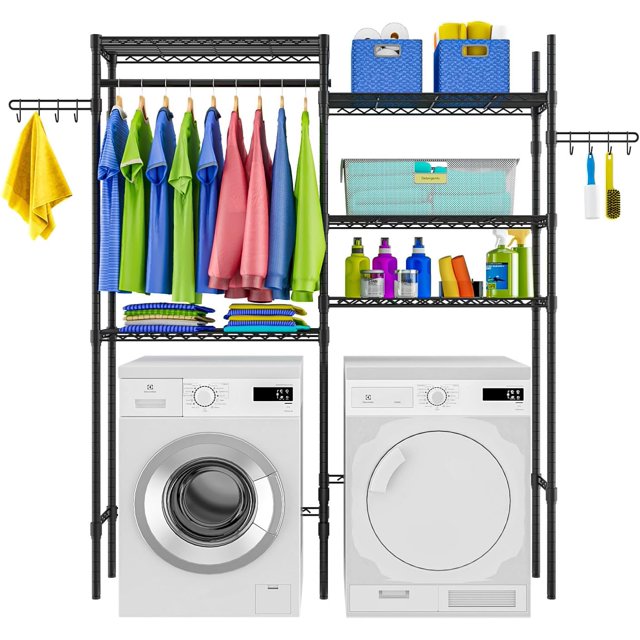 Over Washer & Dryer Storage Shelf - Adjustable Laundry Organizer with Rotating Hooks Heavy-Duty Rustproof étagère de Rangement W Laundry Room Shelving Unit