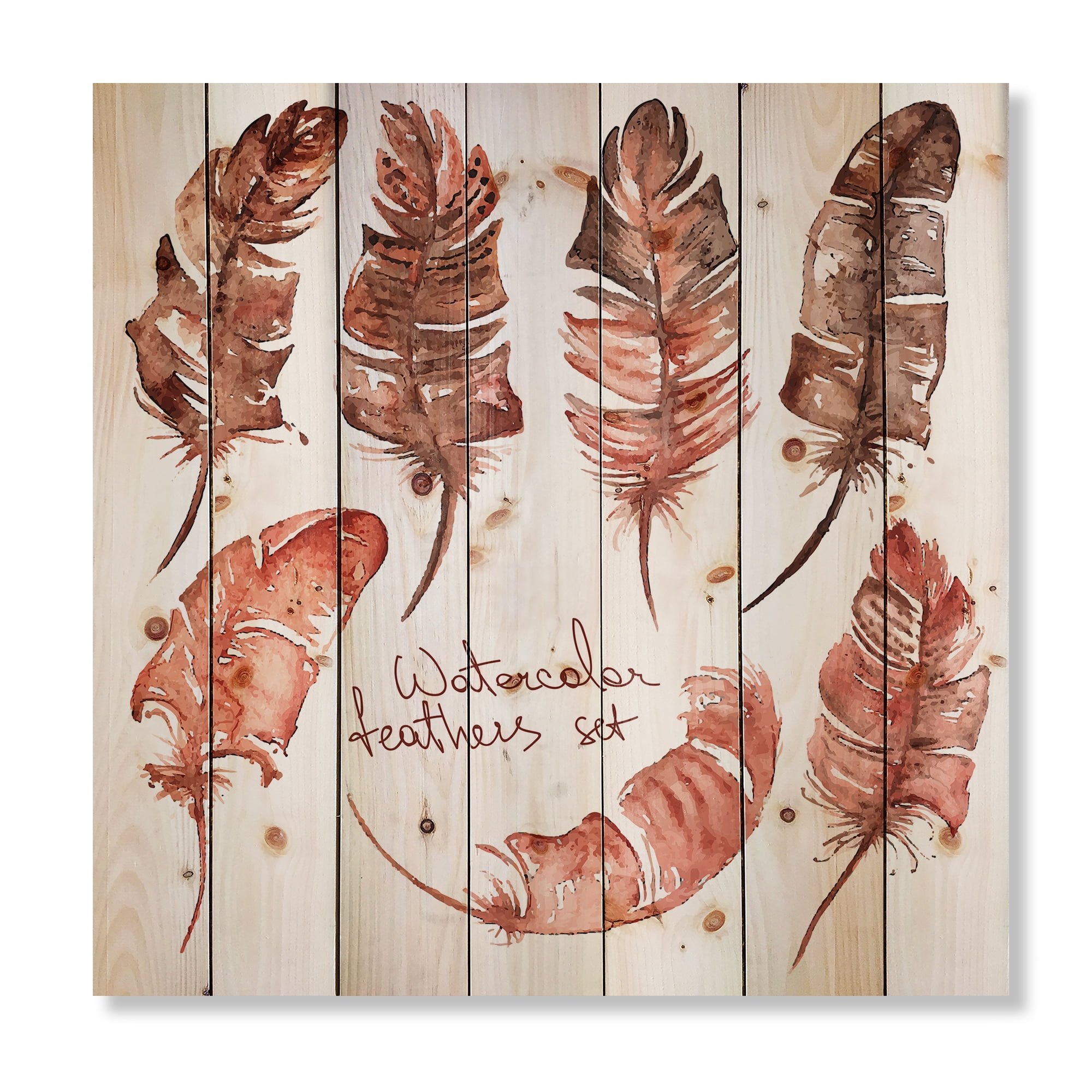 Designart 'Boho Art Feather Icons' Bohemian & Eclectic Print on Natural Pine Wood