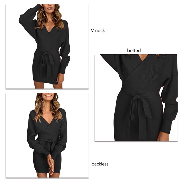 Vestido De Punto Envolvente, Mini Vestido De Suéter De Manga Larga De Murciélago Con Cinturón De Moda Súper Suave Para La Oficina De La Fecha De La Fiesta ANGGREK Otros