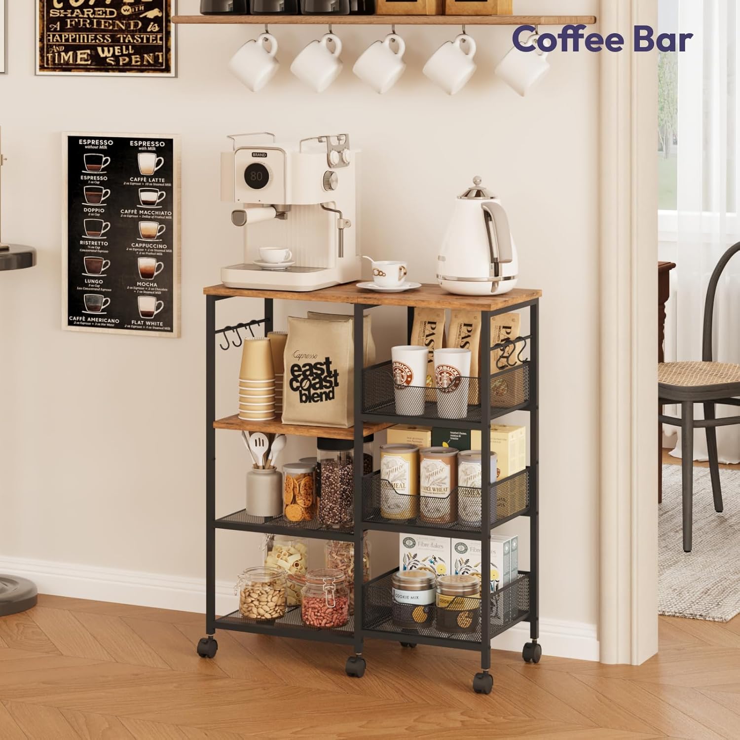 Kitchen Island Cart on Wheels - 4 Tier Rolling Kitchen Table Cart with Storage Shelves, 6 Removable Hooks & Locking Casters, Coffee Bar Cabinet for Dining Room Pantry Office, Espresso