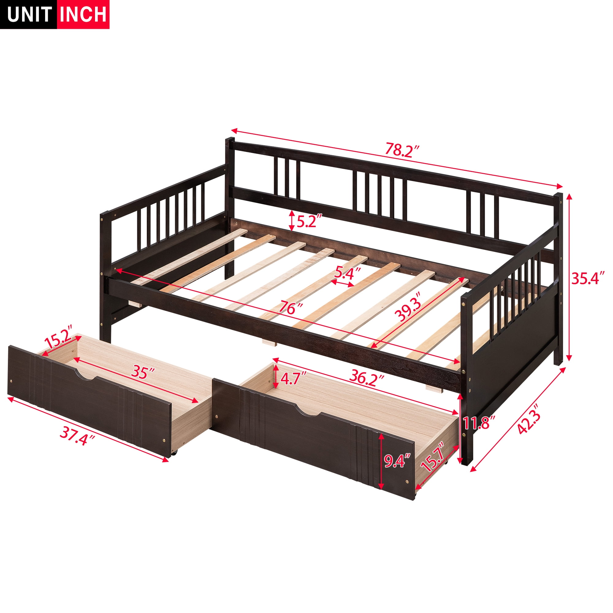 Aukfa Daybed with 2 Storage Drawers, Wood Twin Daybed Frame for Kids Guests Sleepovers, Espresso