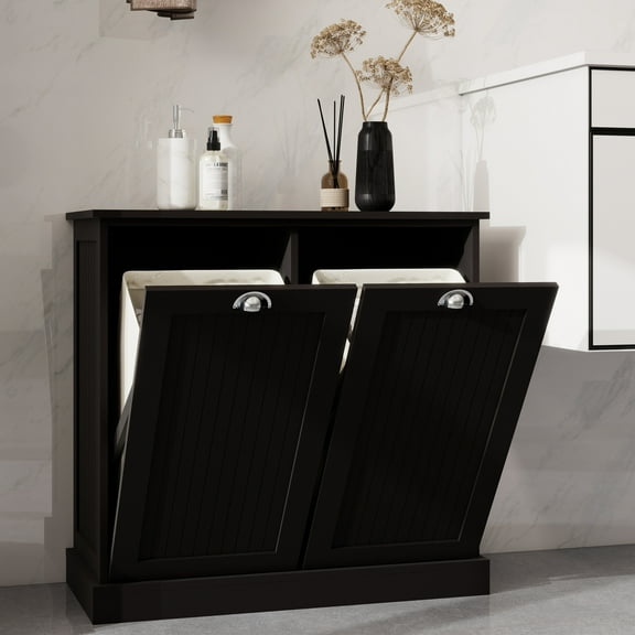 Aukfa Double Tilt Out Laundry Hamper Cabinet,Bathroom Laundry Cabinet with Basket,Black