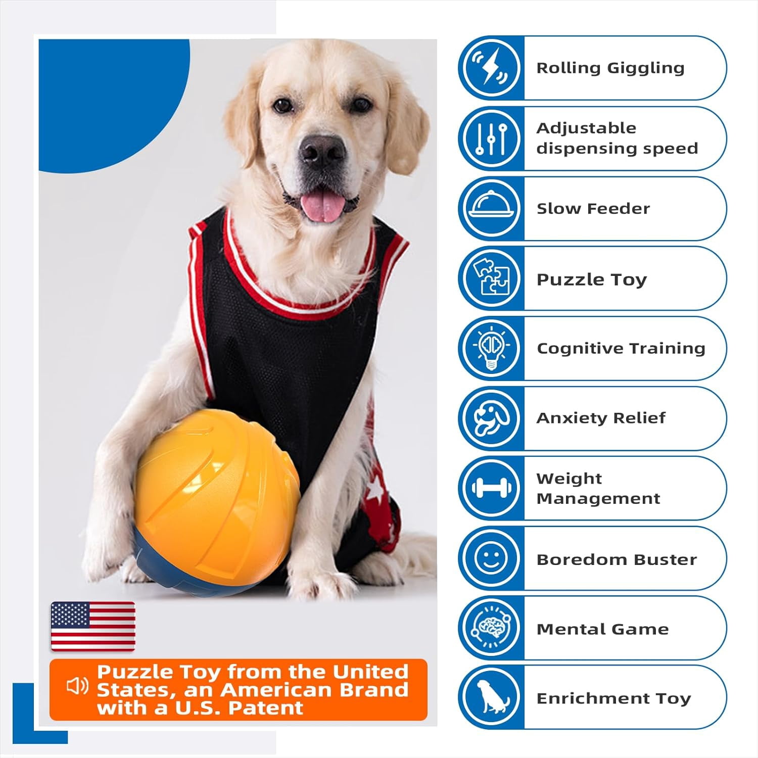 KADTC Dog Treat Giggling Ball - Adjustable Food Dispensing Speed - Puppy Basketball Toy - Puzzle Slow Feeder Mind Game For Medium/Large/Extra L Aggressive Chewers Breed