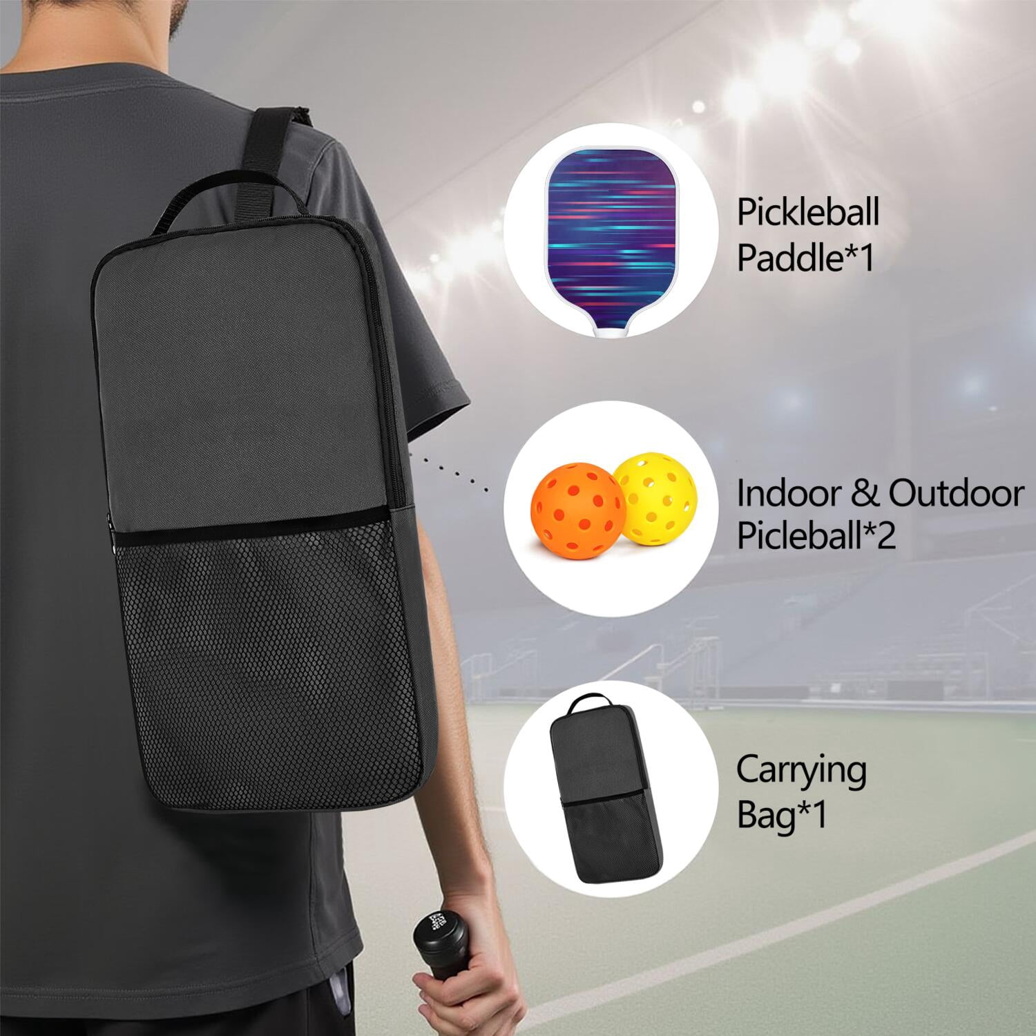Pickleball Paddles Set Of 1, Fiberglass Surface, Speed, Lightning, Thunder Print, 1 Paddle, 2 Balls & Bag