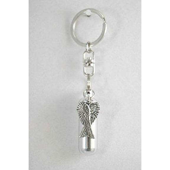 Crossed Angel Wings - CREMATION URN with ENGRAVED HEART on Stainless Steel Swivel Key Chain - Includes Velvet Pouch and Fill-Kit