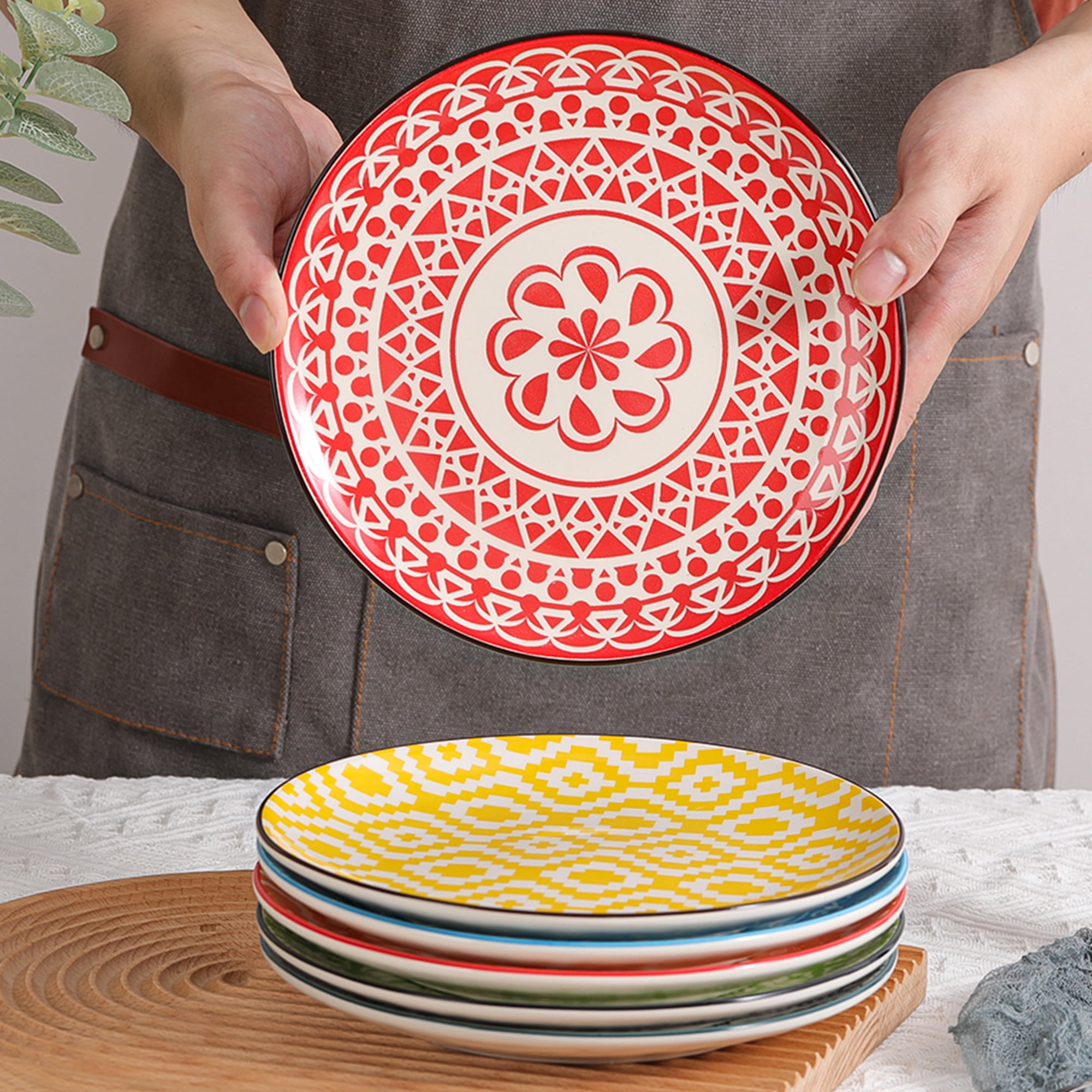 AHX Decorated Multicolor Round Plate Set, 8 inch - Salad, Dessert