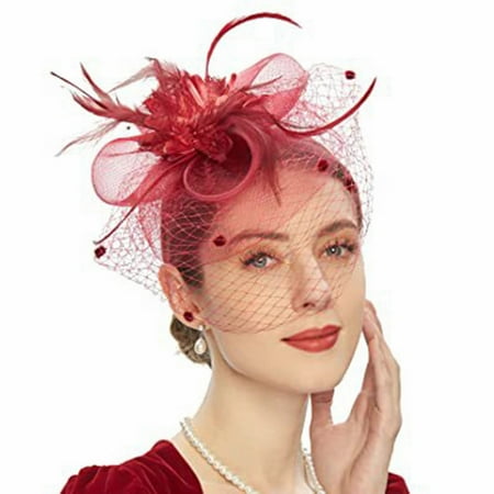 FUZHIQ Fascinators Hat for Women Tea Party Headwear Mesh Veil Feather Flower Fascinator with Headband Clip Wedding Bridal Kentucky Derby Hair Accessories