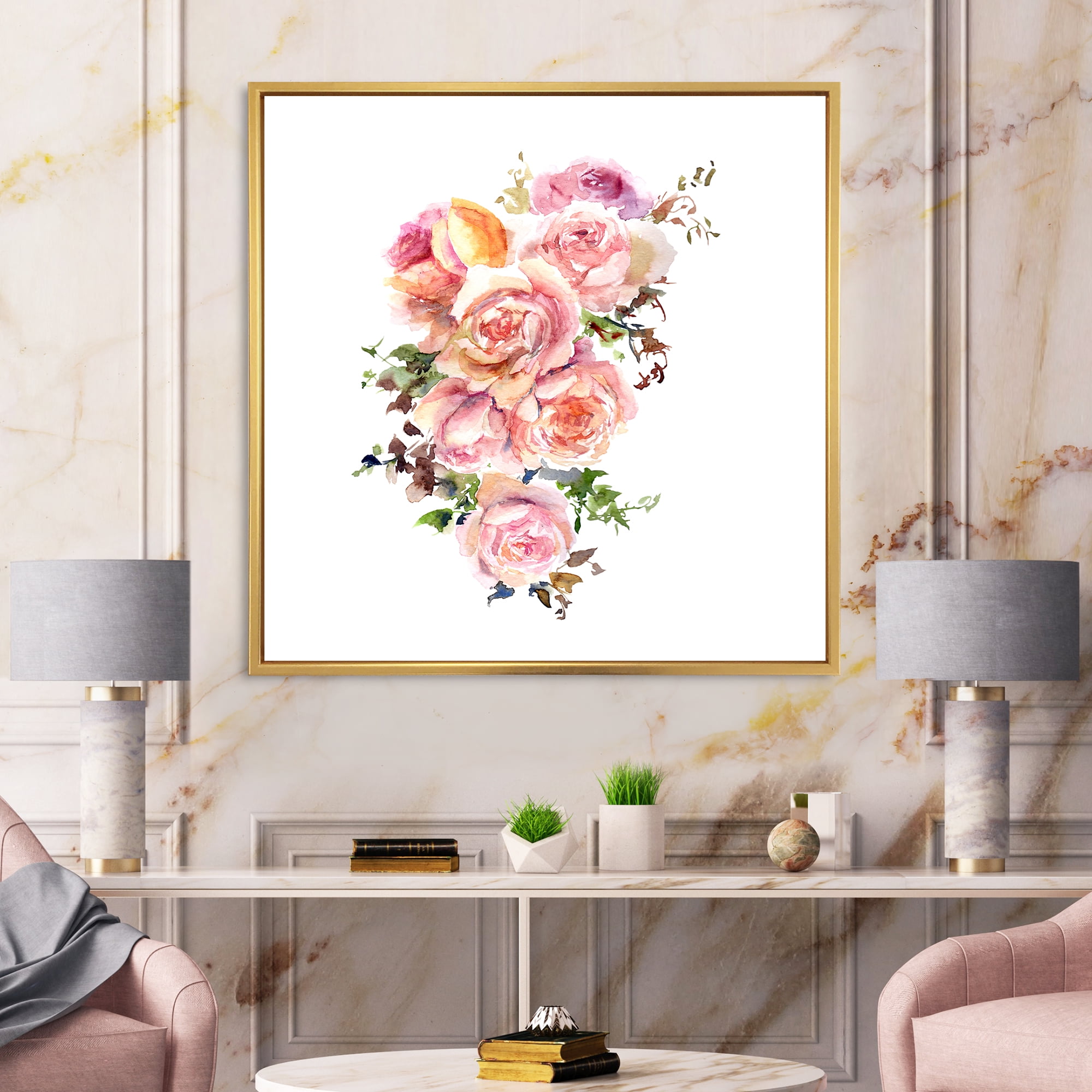Designart 'Bouquet Of Pink Roses Flowers' Traditional Framed Canvas Wall Art Print