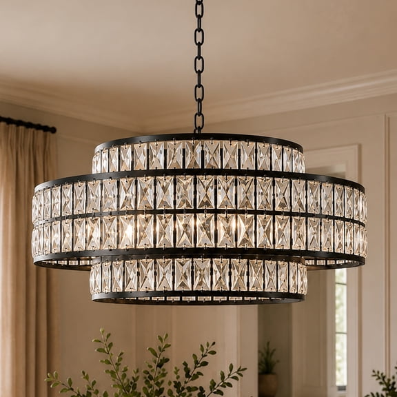 28'' Large Crystal Chandelier Matte Black 2-Tier Drum Pendant Light 8-Light Modern Glam Lighting Fixture for Dining Room Living Room