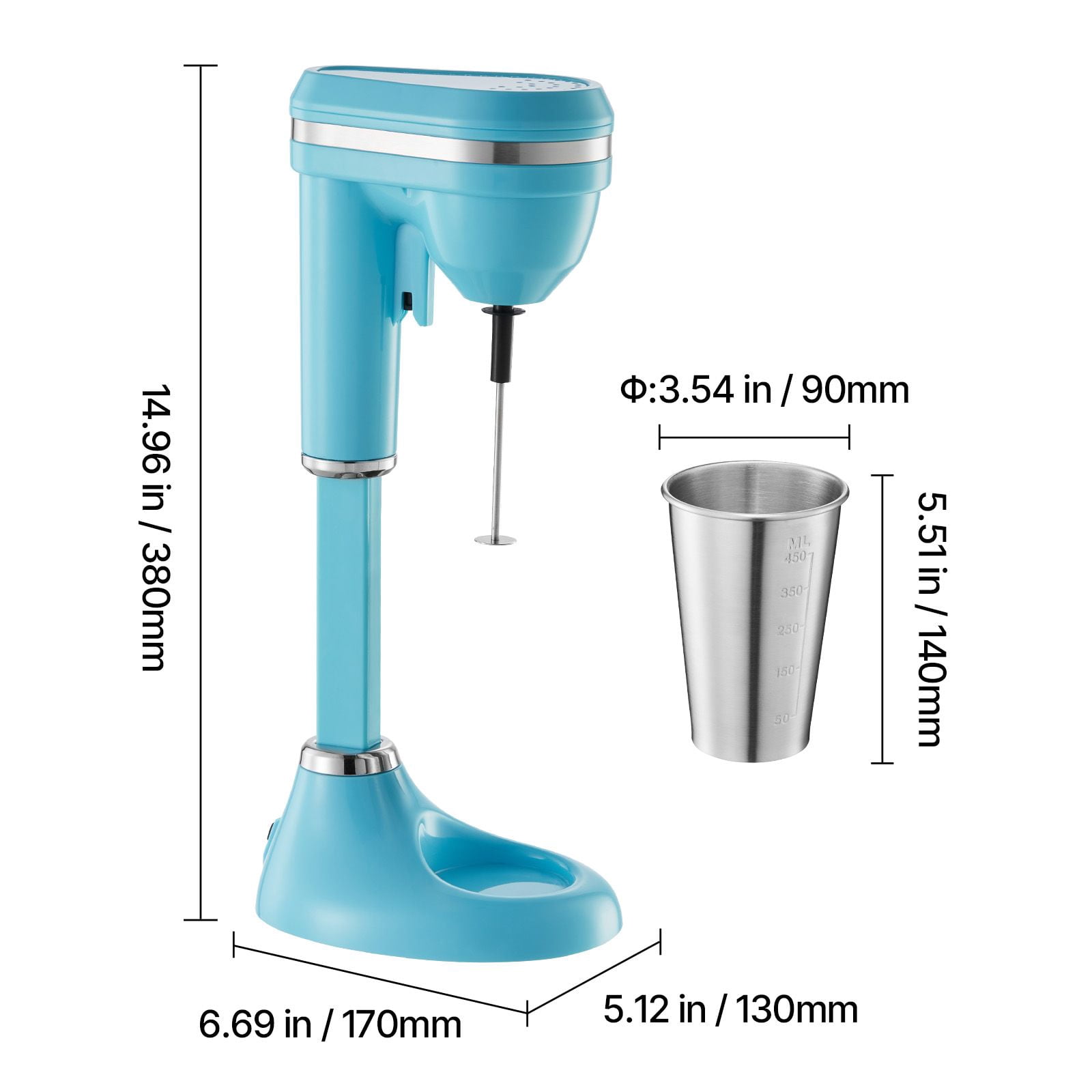 Milkshake Maker 100W Dual-Speed Adjustable Stirring Rod Stainless Steel Cup 450ml Adjustable Head 0-0.8 Inch for Home Kitchen Bar