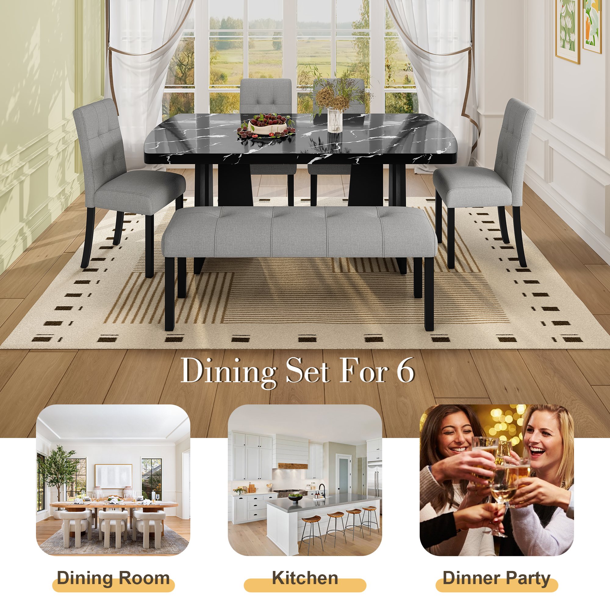 Euroco 6 Piece Dining Table Set for 6, 63" Modern Faux Marble Kitchen Table & 4 Upholstered Chairs Set with Solid Wood Frame and 1 Bench,Suitable for Dining Room,Home,Black + Gray