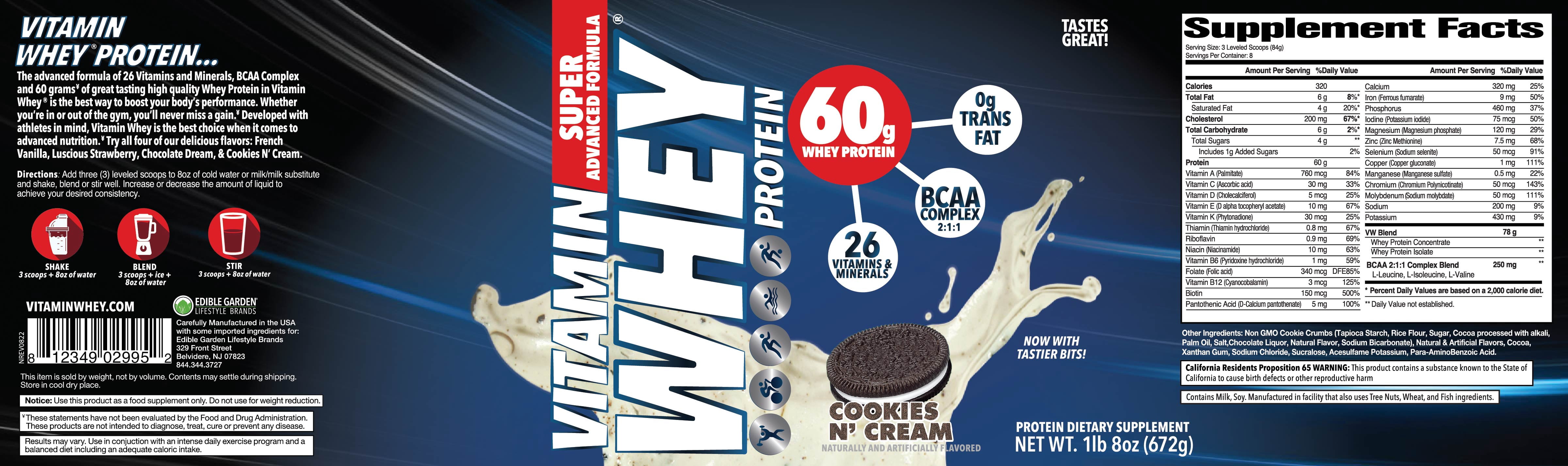 Vitamin Whey Protein Powder Cookies & Cream - 60g of Protein - Gluten Free - 26 Vitamins & Minerals