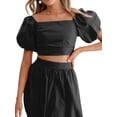 thumbnail image 3 of ORQ Women Solid Lantern Sleeve Square Neck Top Split Half Skirt Two Piece Set, 3 of 4