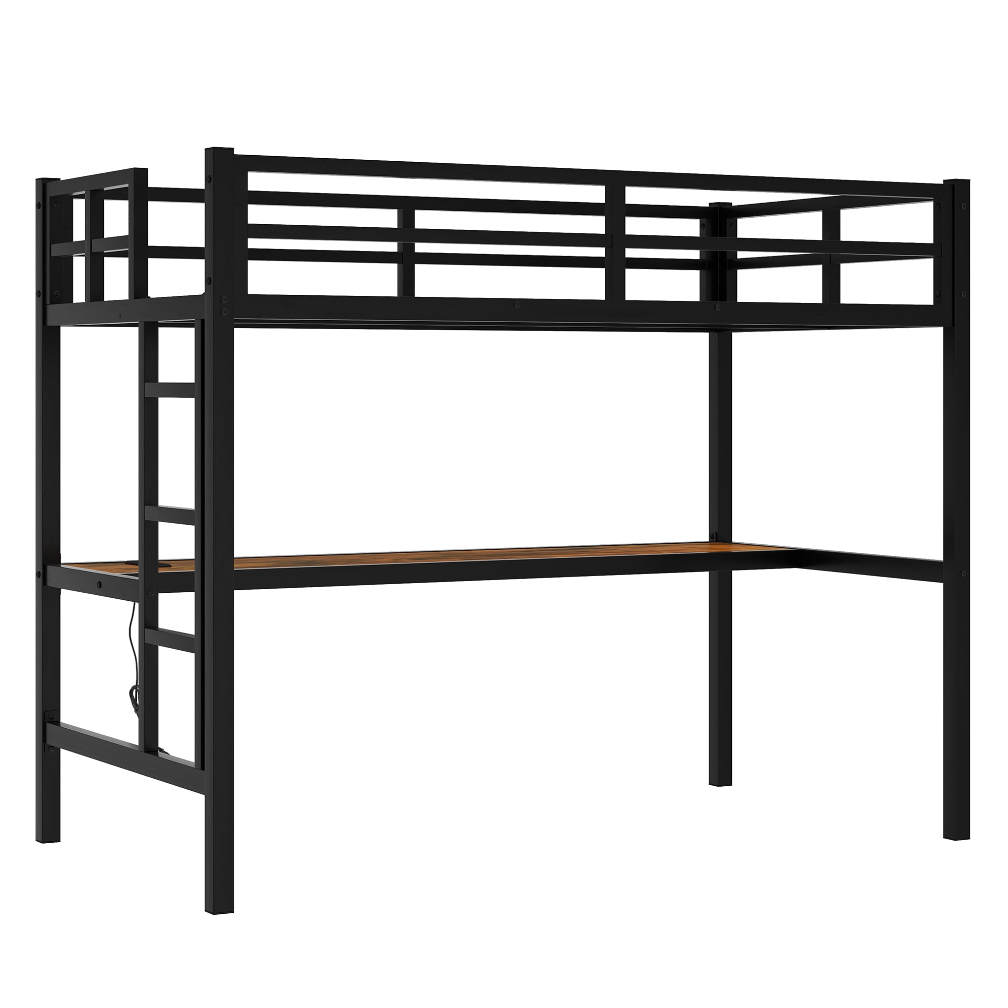 Aukfa Twin XL Metal Loft Bed with Desk, Charging Station and LED Lights for Kids, Space-Saving, Heavy Duty, Black