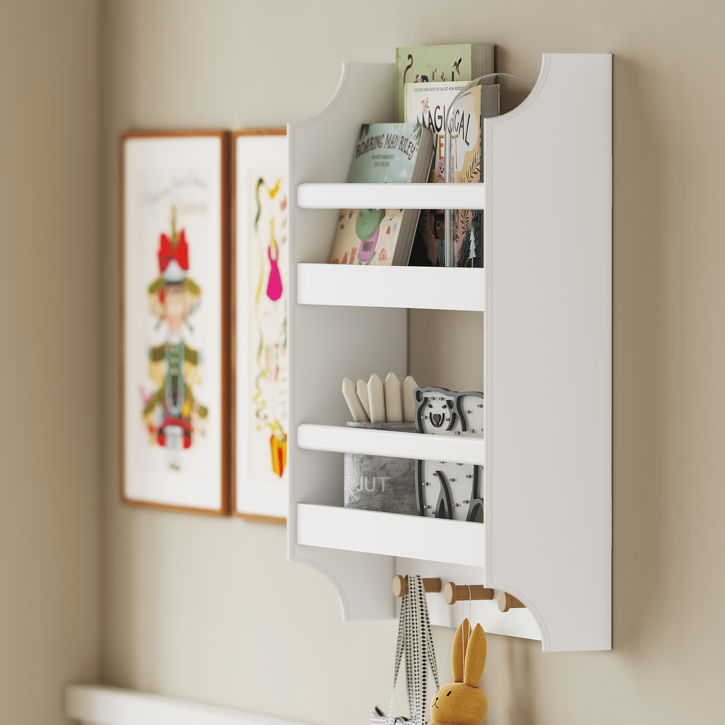 STAROUS 2-Tier Hanging Bookshelves for Wall Decor and Storage Floating Nursery Book Shelves with Hooks, Wall Mounted Baby Book Shelf