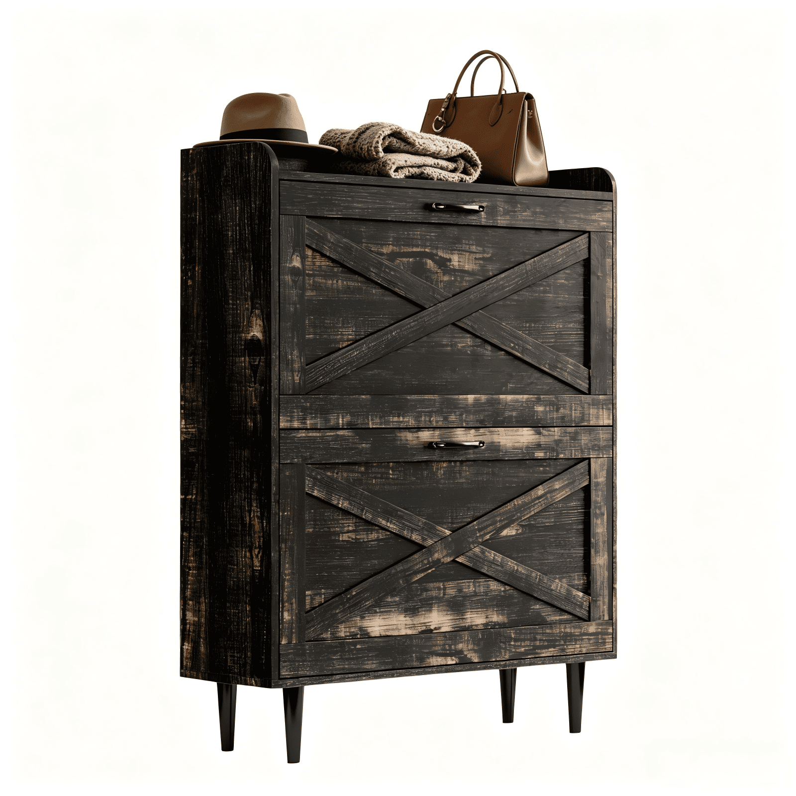 2-Drawer Top-Mounted Barn Door Shoe Cabinet, Melamine Board Embossed MDF, Black Oak, 31.61 x 9.45 x 39.37 in