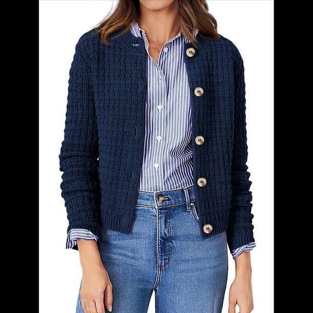 Cárdigan de Punto para Mujer, Informal, de Larga, con Botones, Abierto, Moderno, para Exteriores Azul Marino L