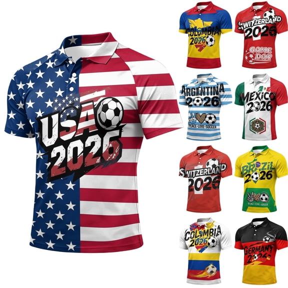 2026 Soccer Cup Jersey for Men, Polo Collar Short Sleeve Country Flag & Ball Graphic Top - Moisture-Wicking Fan Tee for Stadium & Daily Outings Black L