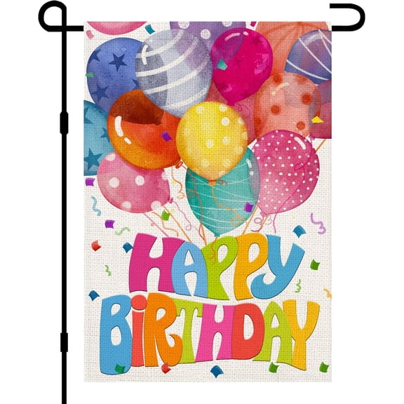 Happy Birthday Farmhouse Yard Garden Flag 12x18 Double Sided Burlap Colorful Balloon Personalized Decor DF575