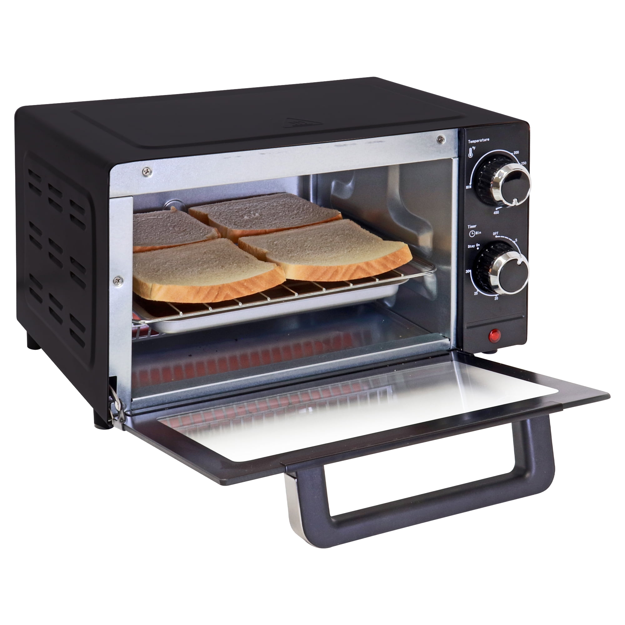 Total Chef Countertop Toaster Oven, Pizza Maker, 4 Slice Capacity Compact Oven, Bake, Toast, Roast, Broil, Natural Convection, Black And Stainless Steel