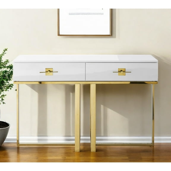 HomeRoots 543865 47 in. White Wood & Gold Stainless Steel Sled Console Table with Two Drawers