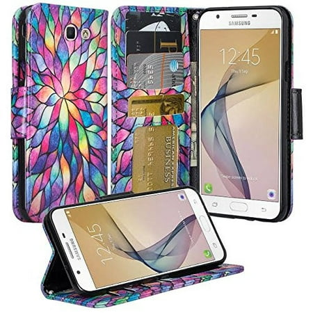 Samsung Galaxy J7 Prime Wallet Case, Wrist Strap Pu Leather Magnetic Flip Fold[Kickstand] with ID & Card Slots for Galaxy J7 Prime - Rainbow