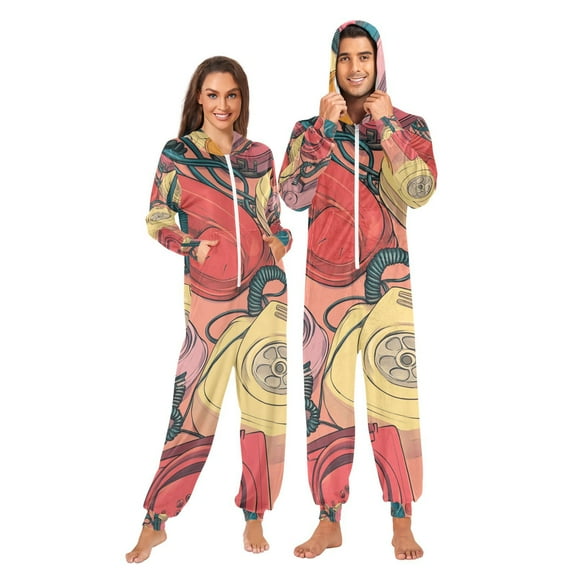 Cartoon Landlines Adult Onesie Pajamas Slim Fit Christmas One Piece Suit Pjs for Women and Men Hooded Zipper
