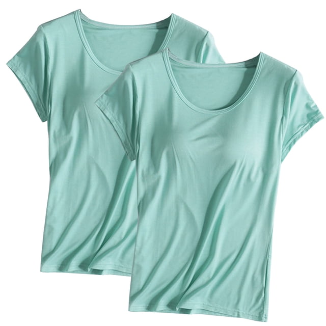 Rbaofujie Pyjama d'Automne pour Femmes 2 Pcs Haut Uni à Col Rond à Manches Courtes avec Bonnets Rembourrés Vêtements de Maison Pyjama à Manches Courtes Ensemble de Pyjama pour Femmes