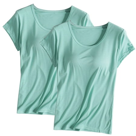 Ousvtion Clearance Deals 2 Pack Built-in Bra T-Shirt for Womens Padded Active Tops Short Sleeves Blouses Pajama Casual Shirts for Workout Yoga Gym (White Purple Hot Pink Gray )