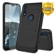 TJS Phone Case Compatible for Motorola Moto E 2020, with [Tempered Glass Screen Protector] Hybrid Shockproof Resist Metallic Brush Finish Hard Inner Layer Drop Protector Cover (Black)