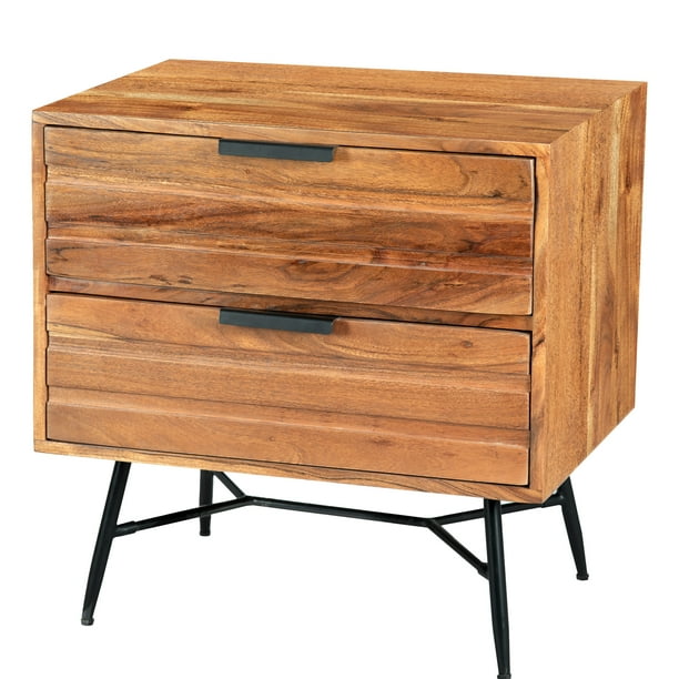 The Urban Port 2 Drawer Wooden Nightstand with Metal Angled Legs, Black and Brown