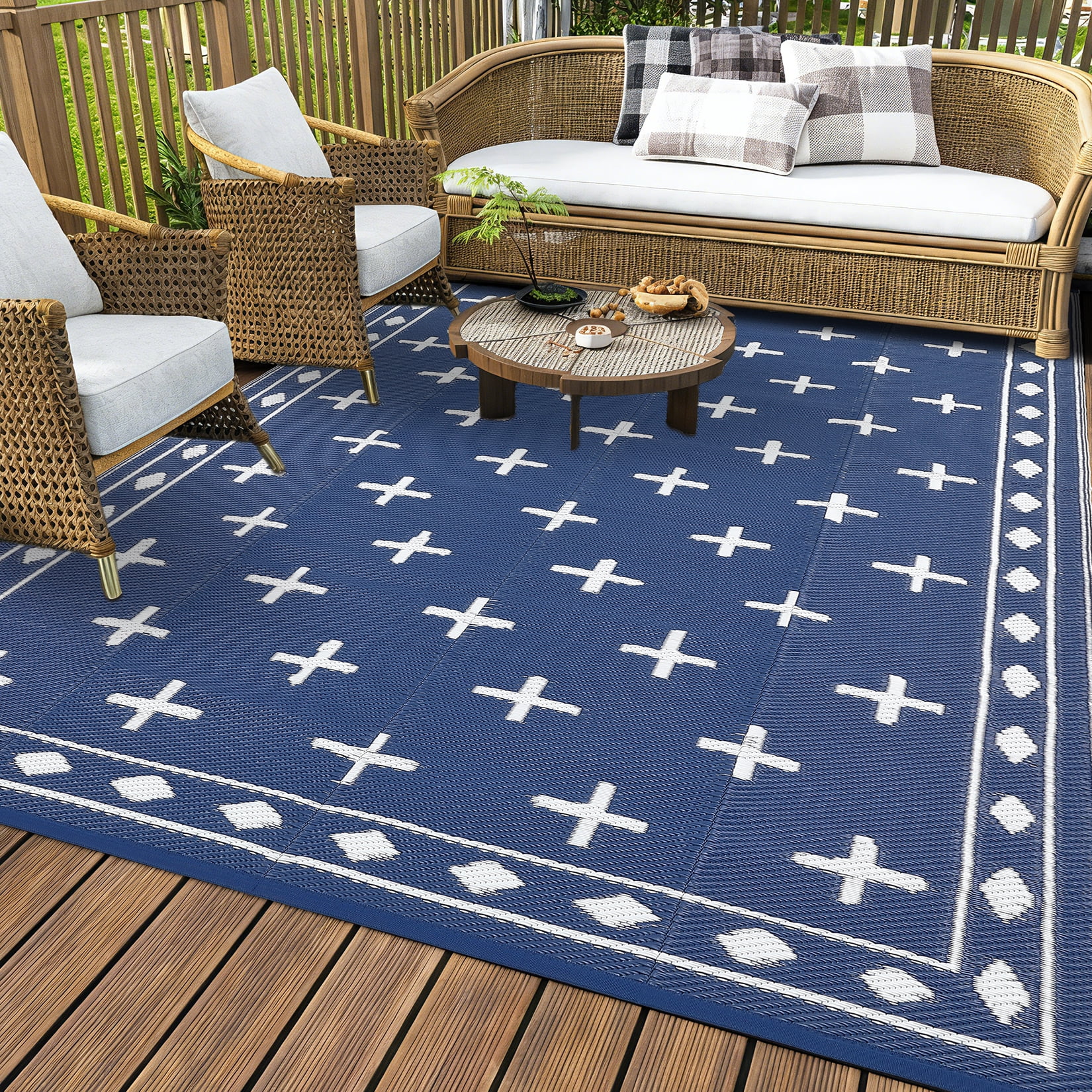 Garvee 8'x10' Waterproof Outdoor Rug Modern Bordered Reversible Outdoor Carpet, Plastic Straw Rug Portable RV Picnic Camping Mat for Garden Backyard Deck Balcony, Dark Blue