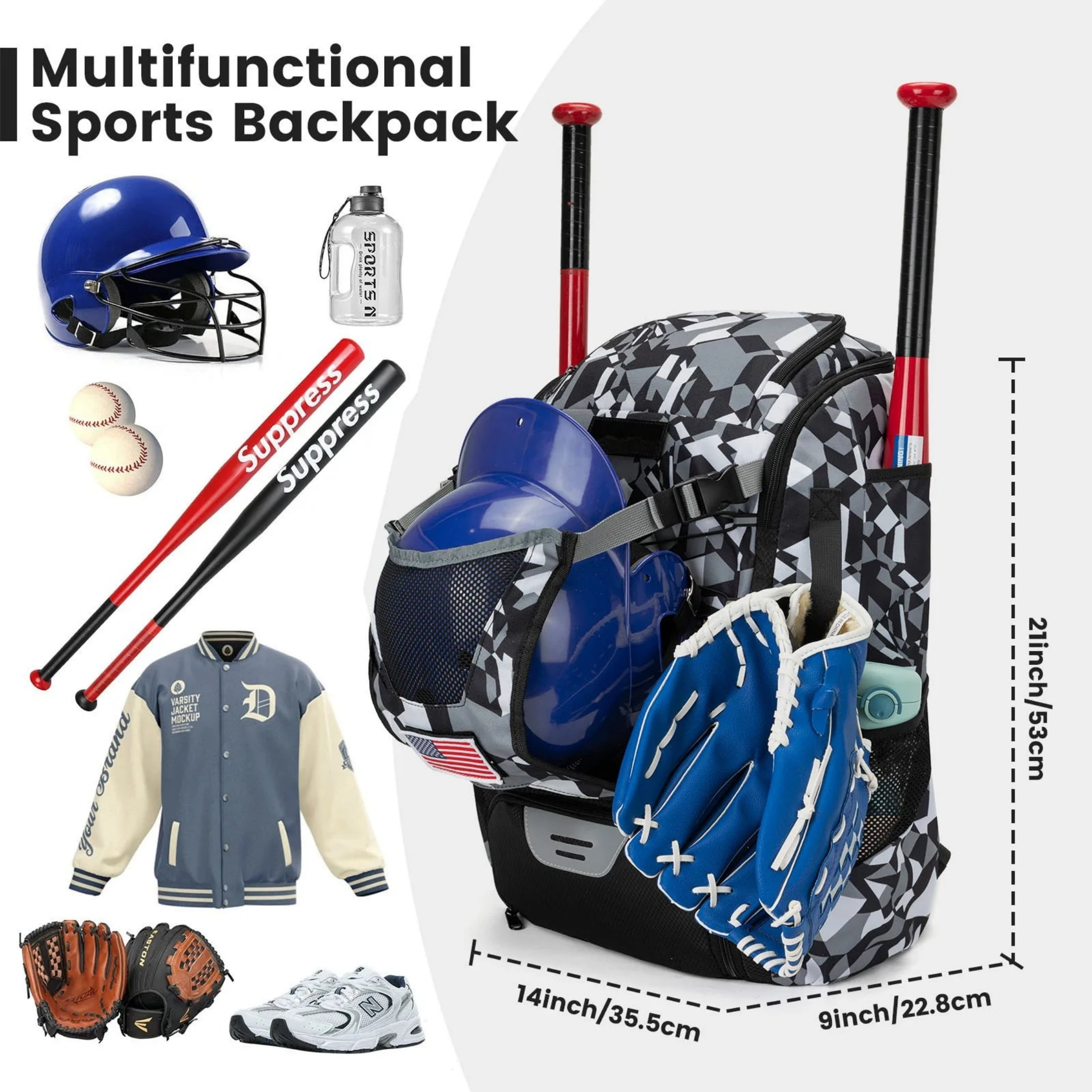 Baseball Sports Backpack – Waterproof & Durable Training Duffel Bag with Multiple Compartments, Ventilated Shoe Storage, and Padded Laptop Sleeve for Athletes & Outdoor Use