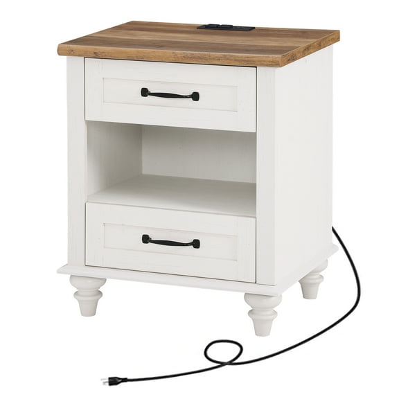 FITUEYES Modern Nightstand with 2 Drawers & Charging Station, White