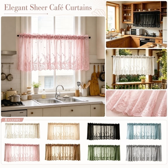1 Piece Embroidered Lace Kitchen Cafe Curtain, 69 x 22 Inch Sheer Floral Tier for Window Privacy & Decor Beige