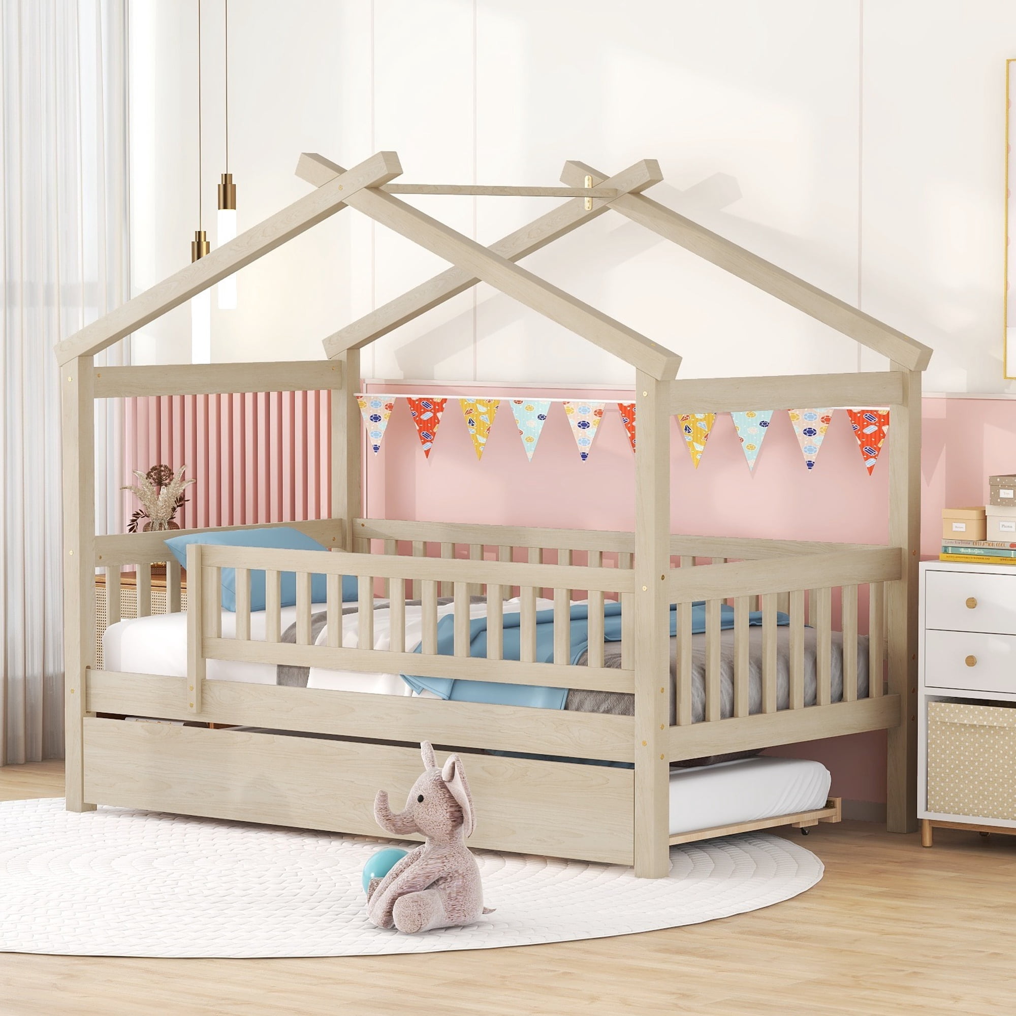 Euroco Twin Size House Bed with Trundle, Canopy Low Profile Bed for Kids, Natural