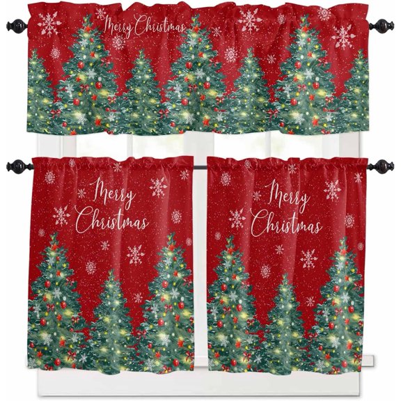 Christmas Red Kitchen Curtains and Valances Set, Rod Pocket Curtains Tier Farmhouse Window Curtains 24 Inch Length, Green Pine Tree Star Ball Snowflake Xmas 3 Piece Kitchen Curtains Set